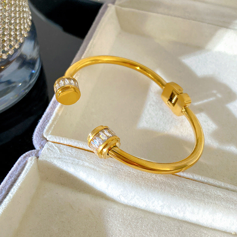 Luxury Geometric Cubic Zirconia Inlaid Titanium Steel PVD Plated Couple Bracelet