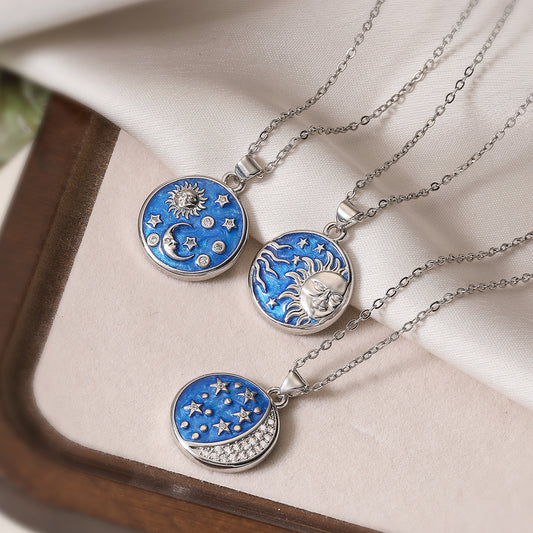 Minimalist Geometric Star Sun Moon Round Pendant Necklace in Copper with Enamel Finish