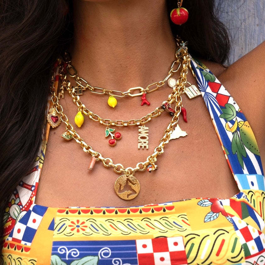 Collana a Pendente Rustica a Forma di Frutta Fresca con Uva, Fragola, Ciliegia e Pera in Rame Placcato