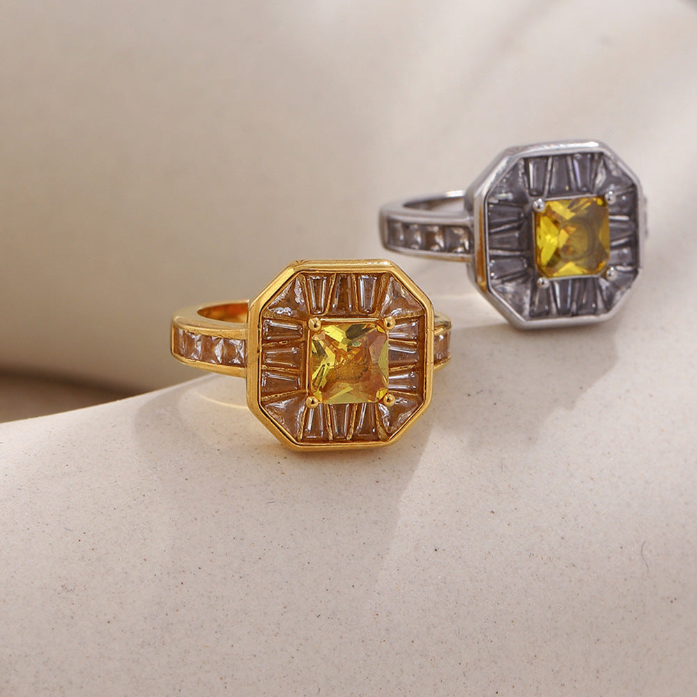 Vintage Elegant 18K Gold Plated Square Geometric Stainless Steel Ring with Full Cubic Zirconia for Women