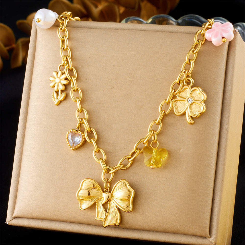 French Vintage Heart Floral Pearl Gemstone Plated Stainless Steel Curb Chain Necklace for Women