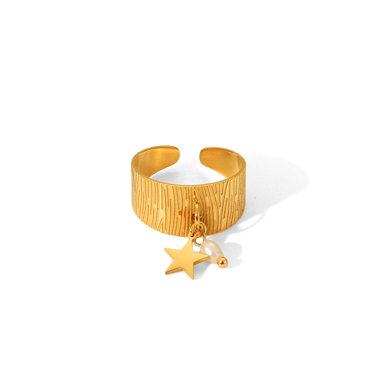 Minimalist Geometric Titanium Steel Open Ring with 18K Gold Plating, Freshwater Pearl and Star Pendant
