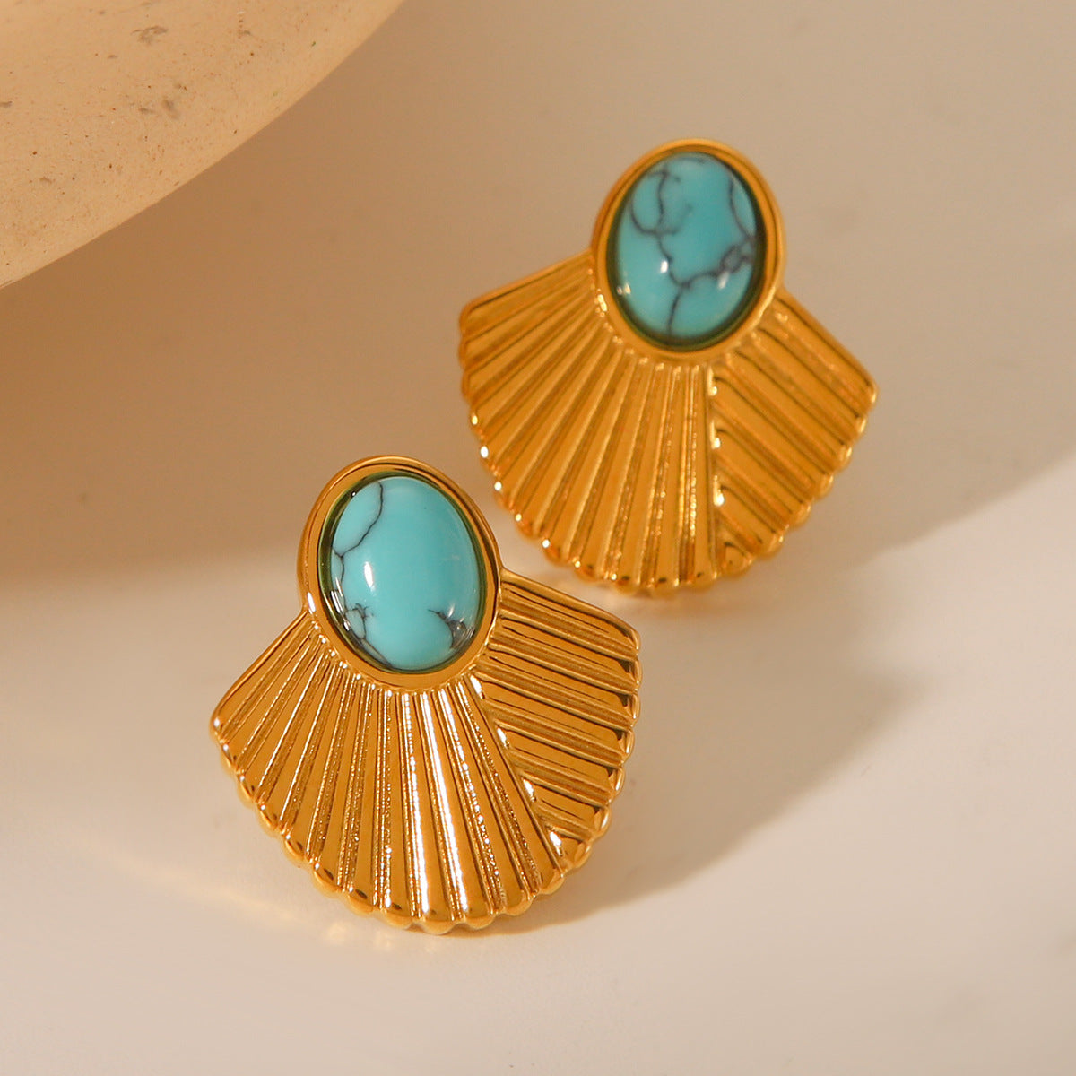 Vintage French Style 18K Gold Plated Titanium Steel Fan Shaped Geometric Earrings with Turquoise Inlay for Women