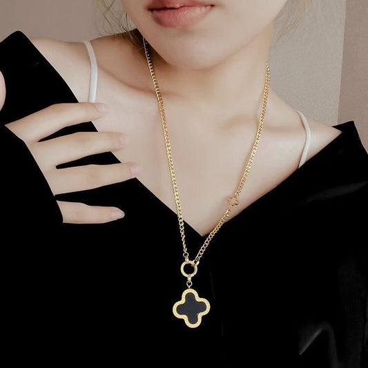 Minimalist Four-Leaf Clover Pendant Necklace for Women and Men in Titanium Steel with Electroplated Finish, Adjustable Length Layered Clavicle Chain