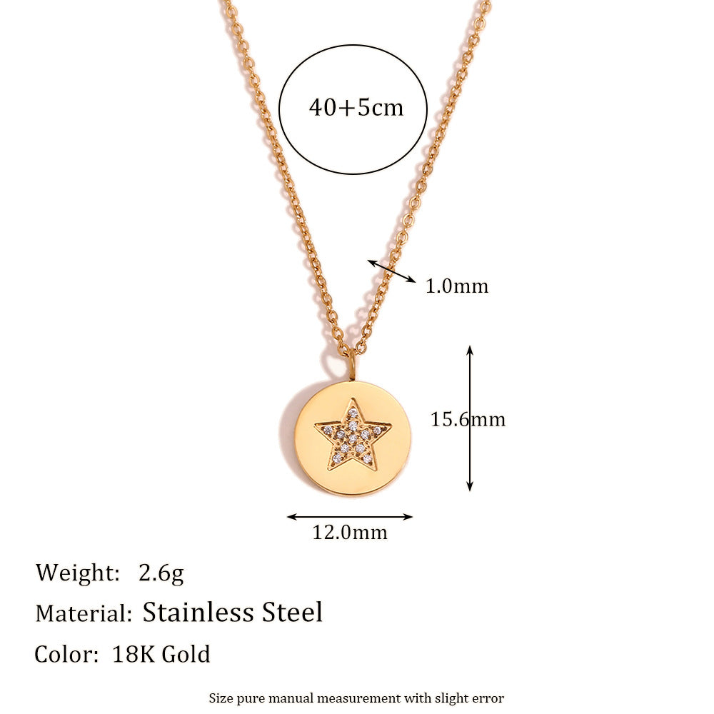 Minimalist Geometric Stainless Steel Pendant Necklace with 18K Gold Plating and Full Rhinestone Star Charm for Women
