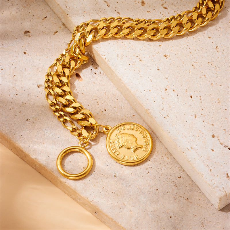 Pulsera con colgante redondo de retrato bañada en oro de acero inoxidable estilo vintage con cierre OT