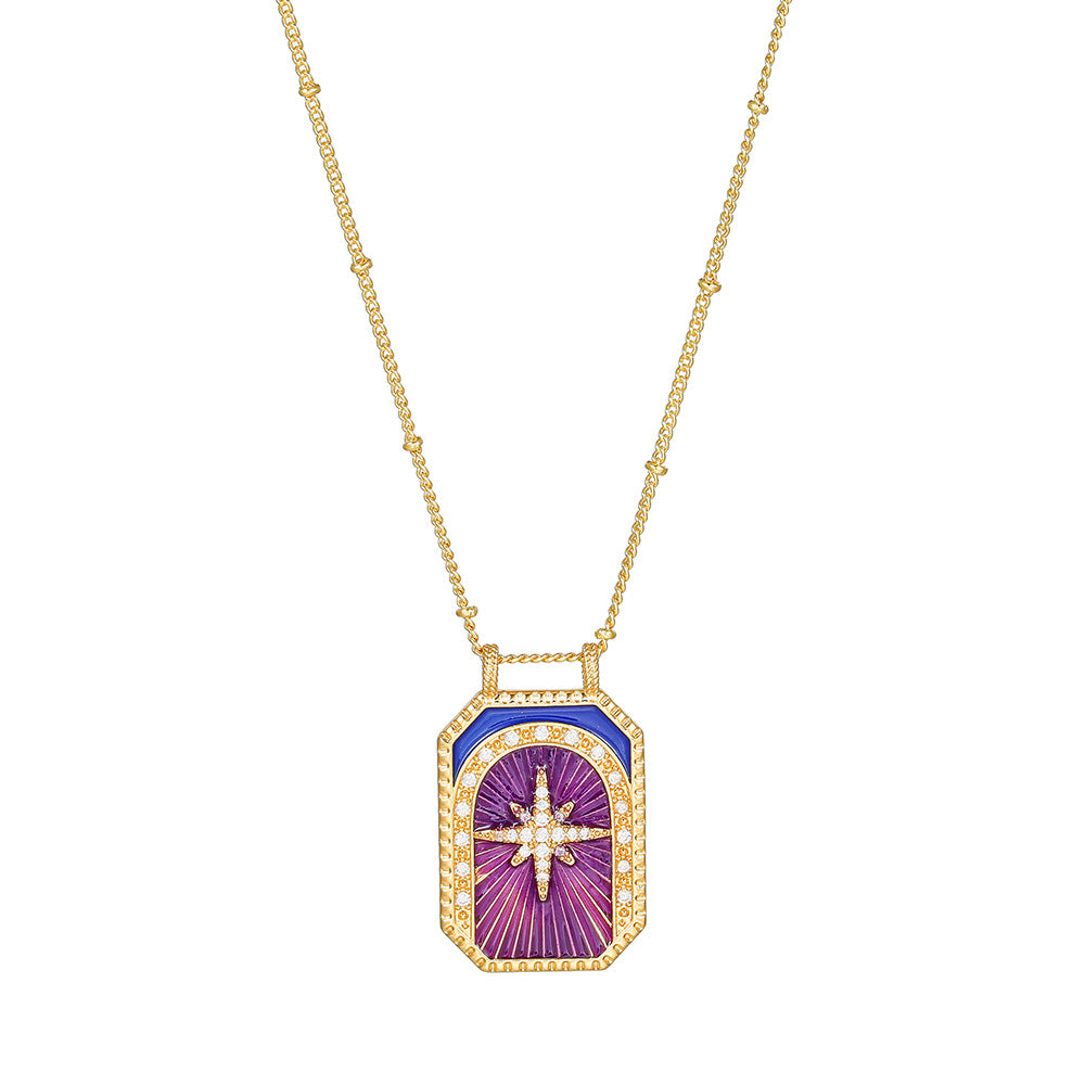 Geometric Gold Plated Brass Drip Oil Cubic Zirconia Inlay Tarot Necklace with Cable Chain