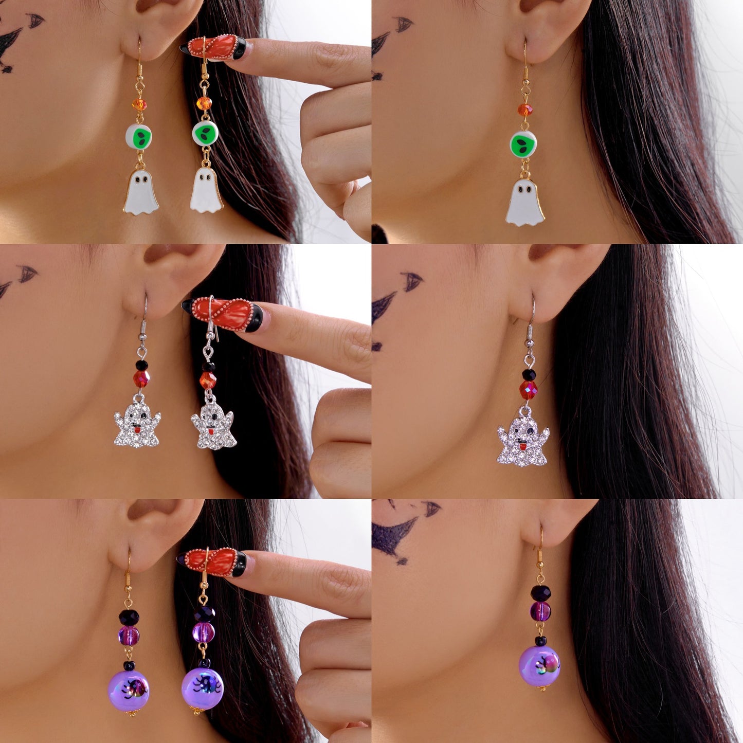 Orecchini acrilici a tema Halloween con zucca, pipistrello e teschio con intarsio in strass e base in lega placcata oro, unisex