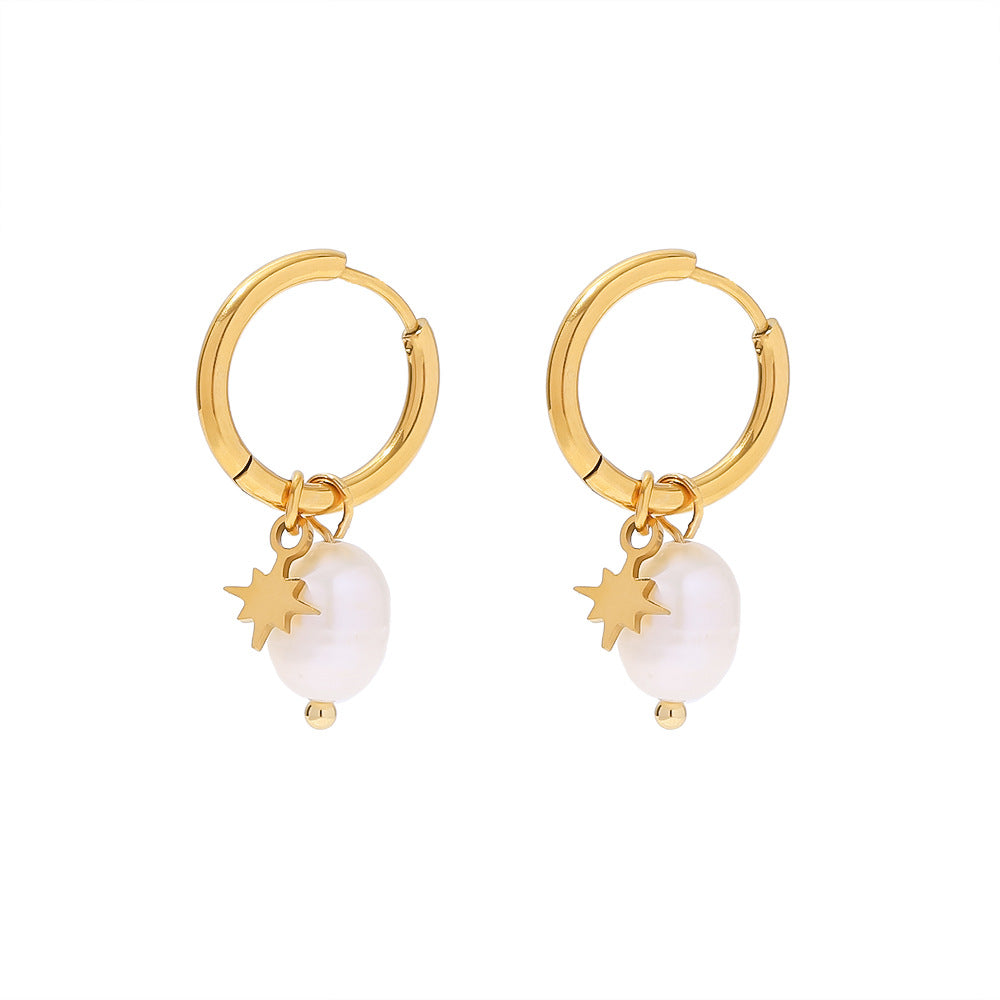 Fashionable Ins Style 18K Gold Plated Stainless Steel Star Pearl Drop Earrings for Women