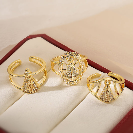 Anillo Abierto Geométrico Minimalista para Mujer Hecho de Cobre con Baño de Oro de 18K e Incrustación de Zirconia