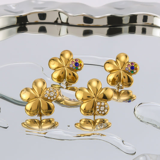 Floral Design Stainless Steel Earrings with Rhinestone Inlay Five-Petal Flower Shape for Women