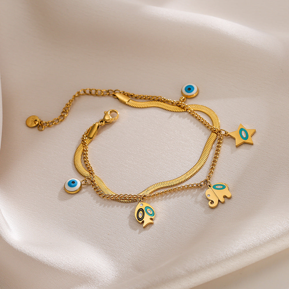 Fashionable Geometric Titanium Steel Double-Layer Bracelet for Women with Gold Plating and Irregular Elephant Eye Floral Leaf Design
