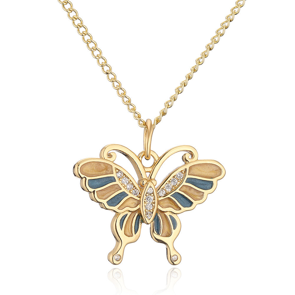 Minimalist Butterfly Pendant Necklace for Women with Copper Base Plated in 18K Gold and Enamel Finish Featuring Cubic Zirconia Accents