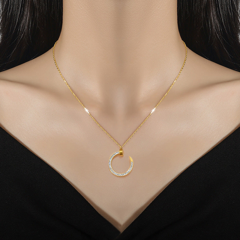 Minimalist Fashion Geometric Rhinestone Collar Chain Necklace in Titanium Steel with Gold Plating