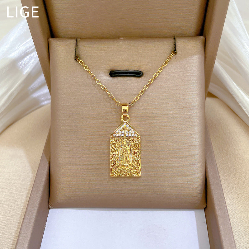 Collana con ciondolo geometrico minimalista per donna e uomo in acciaio inossidabile con catena a medaglione, dettagli in zircone e motivo lunare