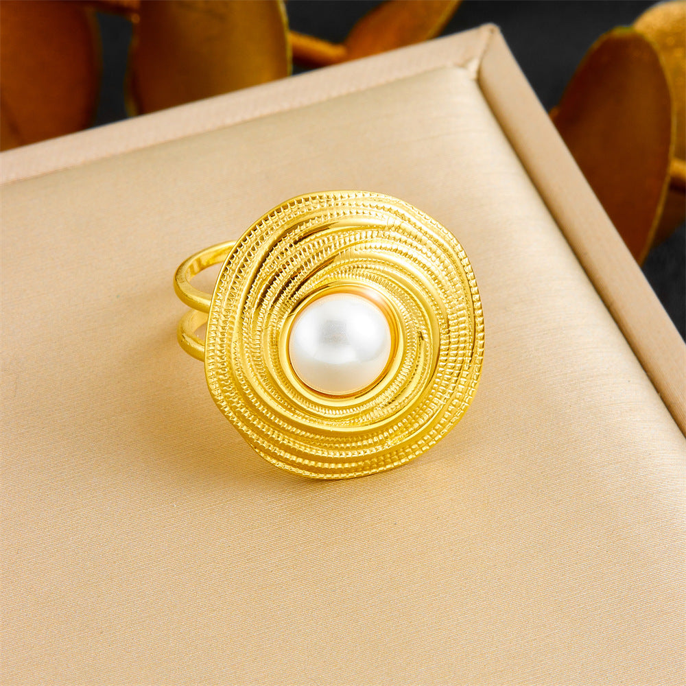 Vintage Elegant 18K Gold Plated Round Wire-Wrapped Pearl Stainless Steel Necklace Earring Ring Set