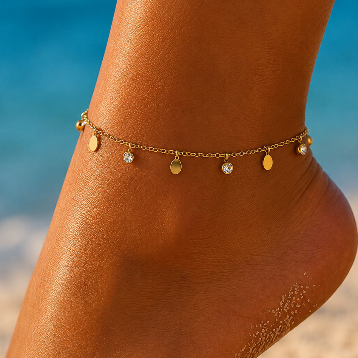 Minimalist 18K Gold Plated Stainless Steel Star Moon Geometric Rhinestone Anklet for Women