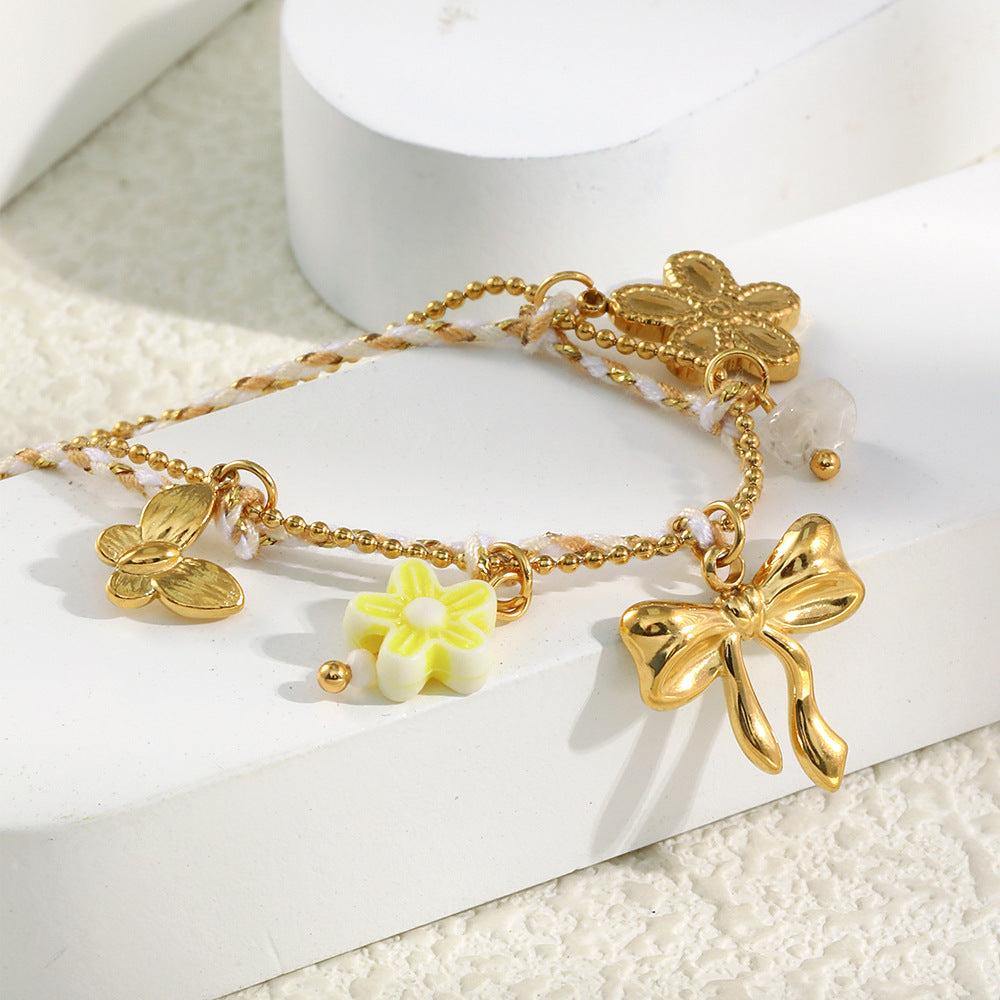 Minimalist Casual Stainless Steel Vacuum Plated 18K White Gold Rope Bead Chain Bracelet for Women