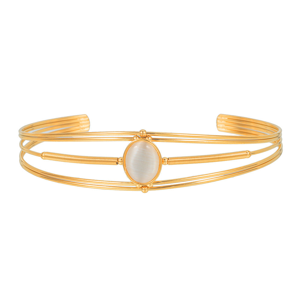 Minimalist Geometric Round Stainless Steel Cuff Bracelet with Gemstone Inlay for Women