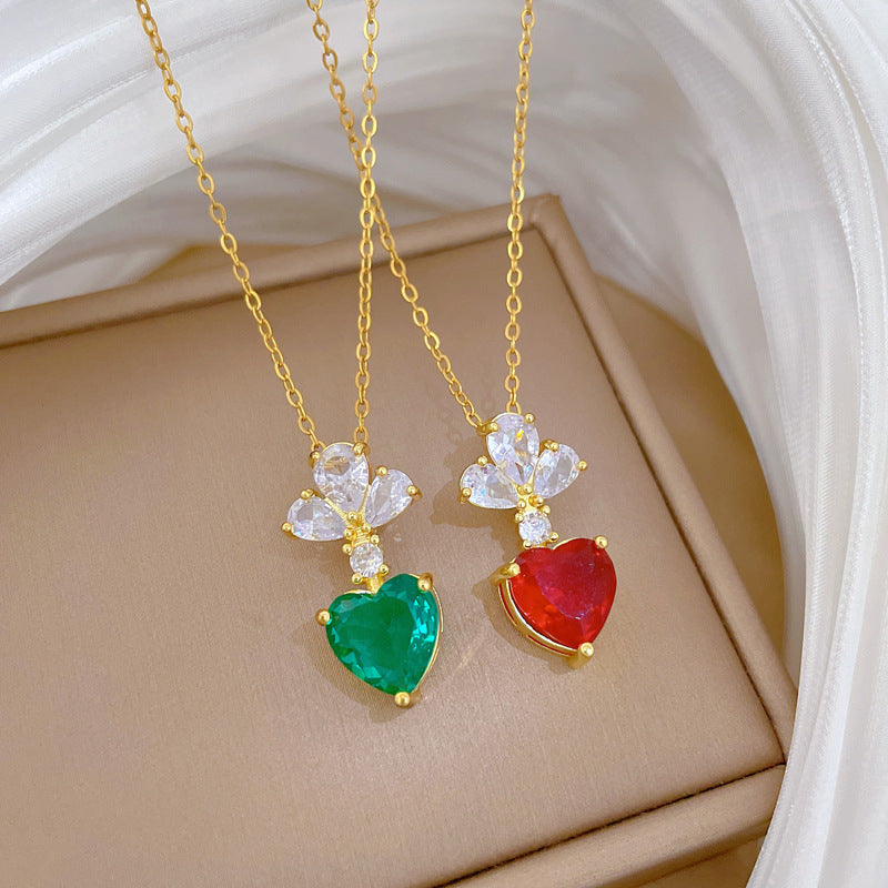 Sweet Elegant Floral Heart Geometric Rhinestone Pendant Titanium Steel Necklace for Unisex