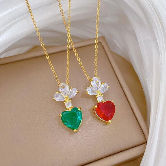 Sweet Elegant Floral Heart Geometric Rhinestone Pendant Titanium Steel Necklace for Unisex