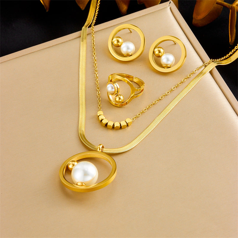 Elegant Round Plated Stainless Steel Pearl Bean Necklace Earring Ring Set with Snake Chain
