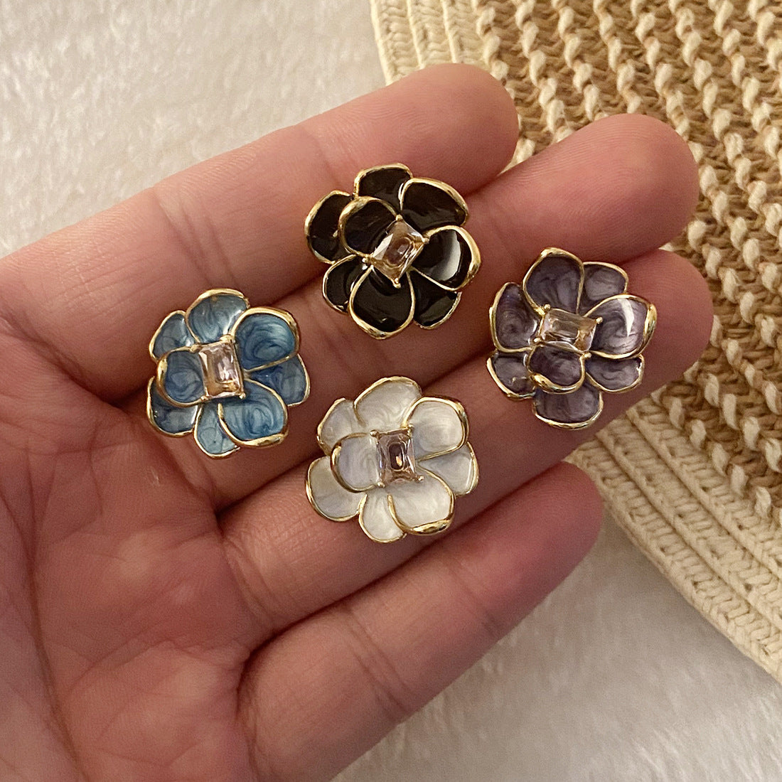 Vintage Floral Enamel Stainless Steel Stud Earrings with Botanical Flower Design for Women