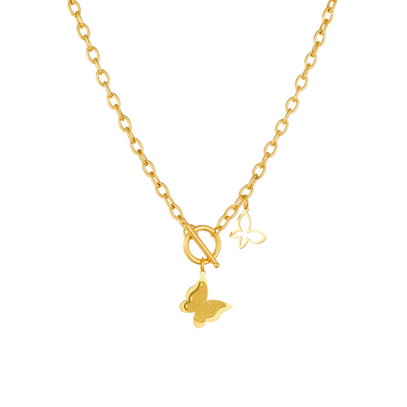 Minimalist Vintage Butterfly Pendant Necklace in Stainless Steel with Gold Plating and Hollow-Out Detail on Standard Chain
