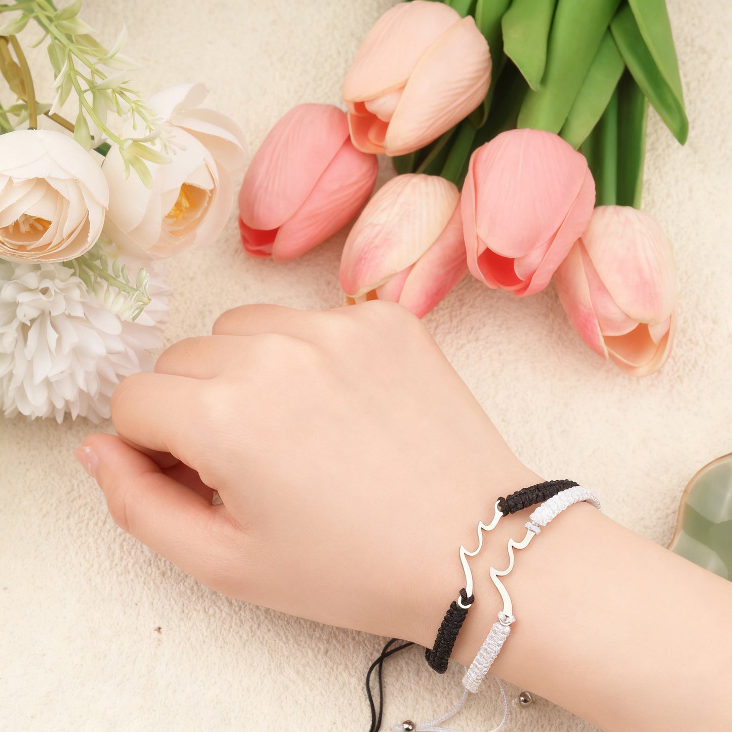 Minimalist Stainless Steel Woven Couple Bracelet Set with Wave Pendant