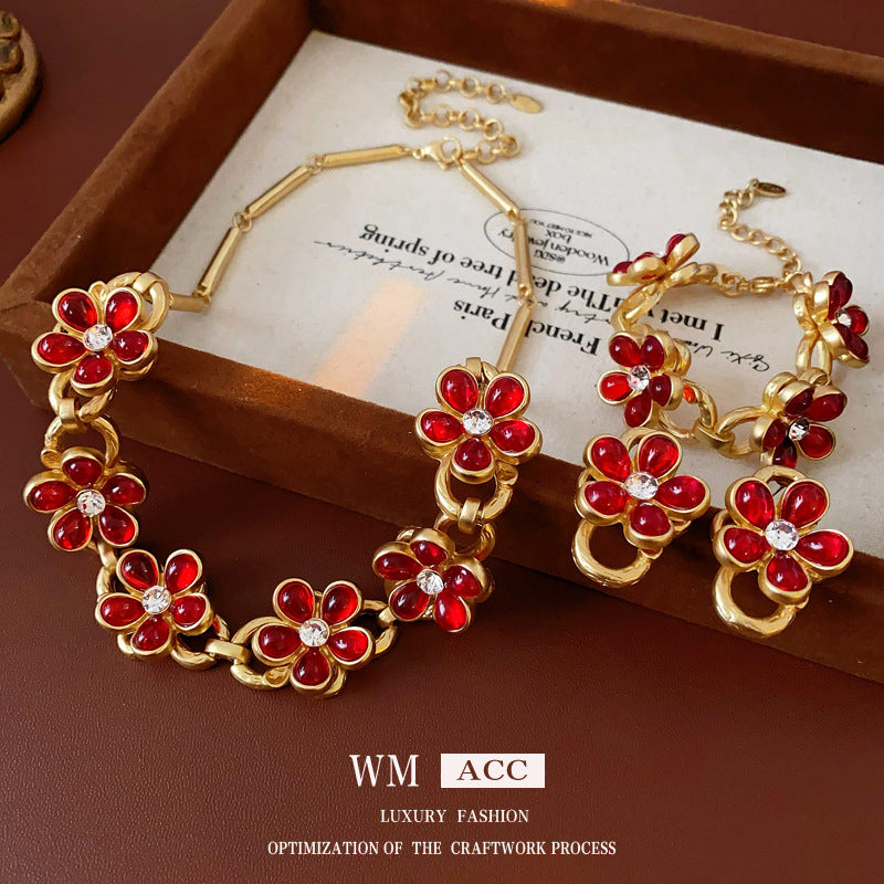Set collana con ciondolo in vetro floreale vintage con orecchini e bracciale in lega per donna, gioielli di lusso galvanizzati