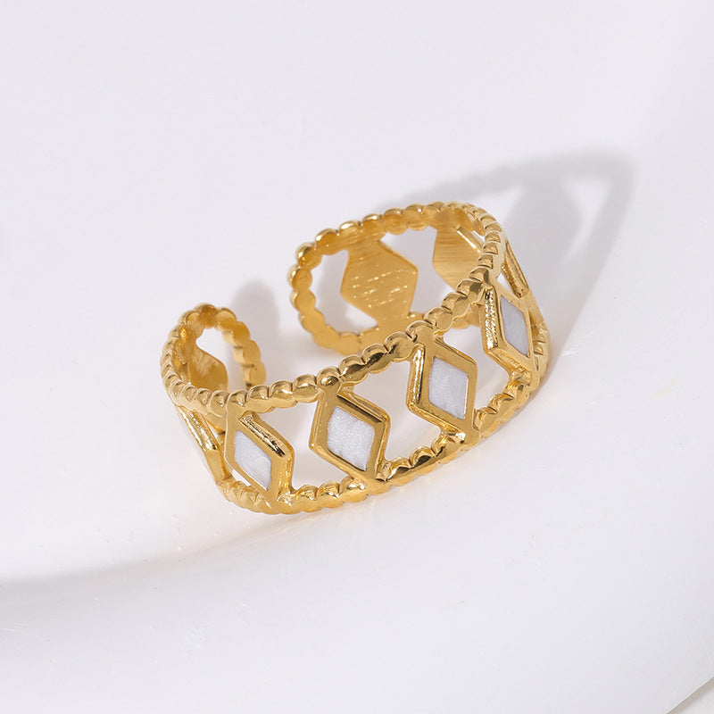 Minimalist Geometric Rhombus Stainless Steel Ring with 18K Gold Plating and Open Adjustable Band for Women