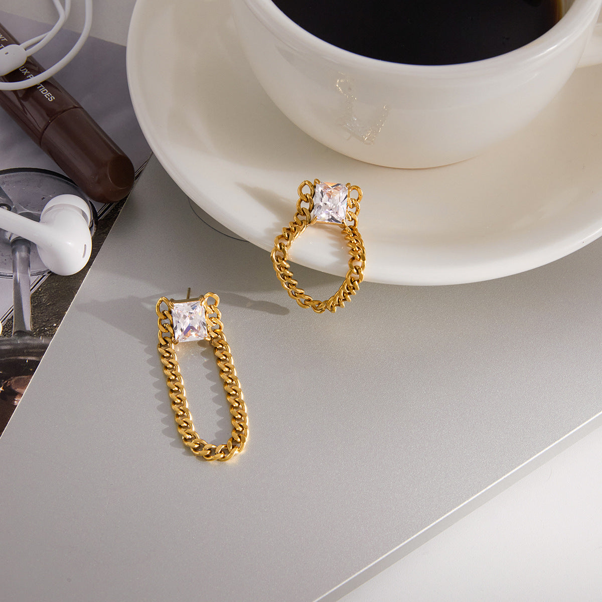 Stainless Steel Plated Cubic Zirconia Tassel Earrings for Women