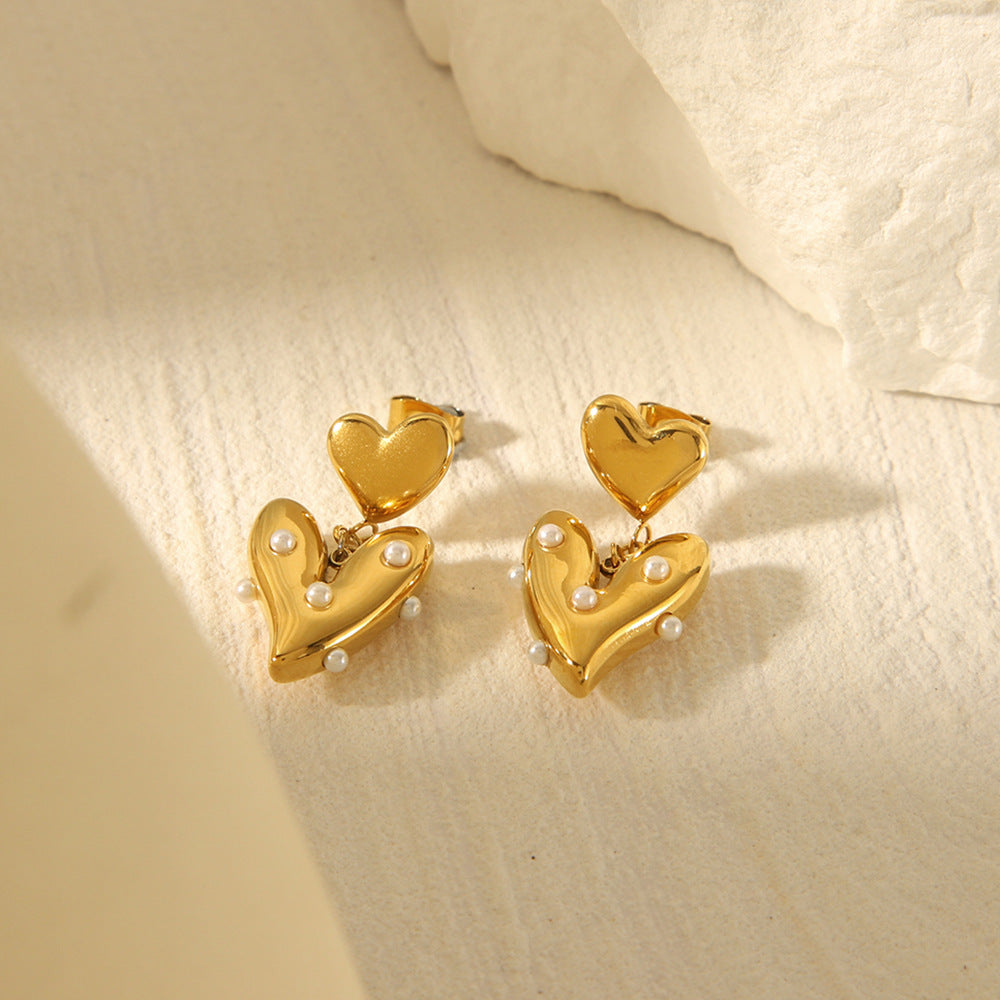 Fashion 18K Gold Plated Stainless Steel Heart Pearl Stud Earrings for Women