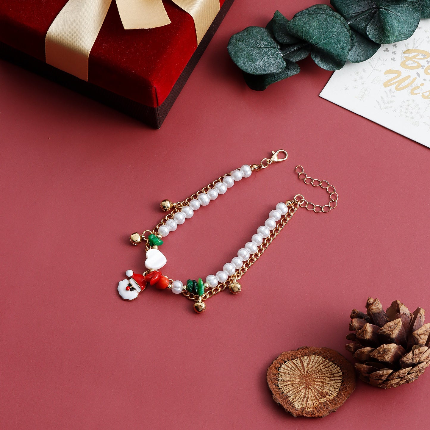 Original Design Christmas Santa Head Pearl Bracelet with Heart and Bell Charms, Dual-Layer Minimalist Jewelry for Women and Men