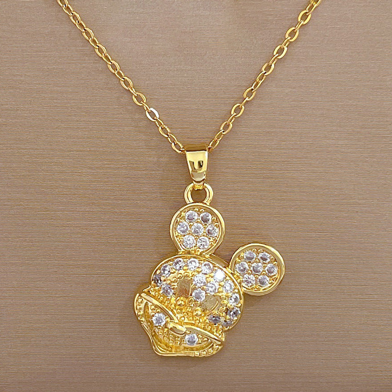 Collana con Pendente a Forma di Topo Geometrico Minimalista in Acciaio al Titanio con Dettagli in Strass per Donna e Uomo
