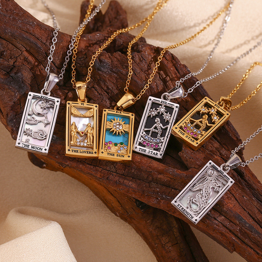 Vintage Tarot Card Pendant Necklace for Women Stainless Steel with 18K Gold Plating Geometric Four-Sided Design Fashion Office Style