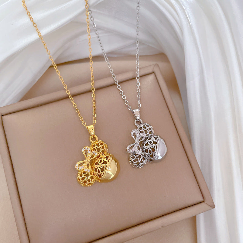 Luxury Sweet Butterfly Geometric Rhinestone Pendant Necklace Titanium Steel Chain Moon Pattern