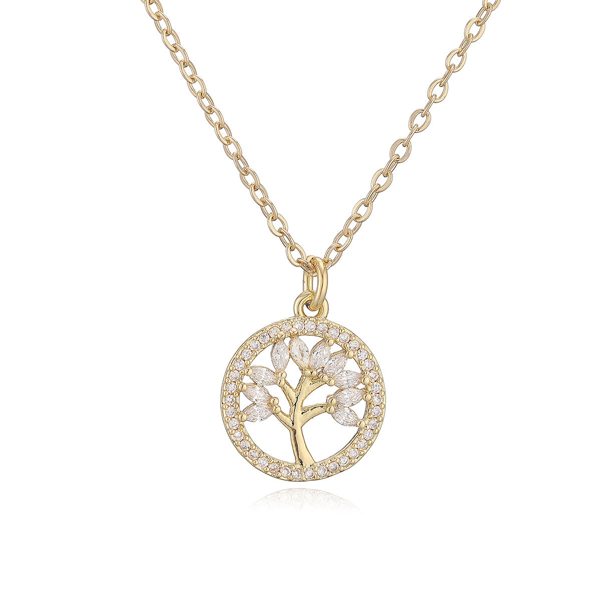 Minimalist Luxury Gold Plated Geometric Tree of Life Cubic Zirconia Pendant Necklace for Women