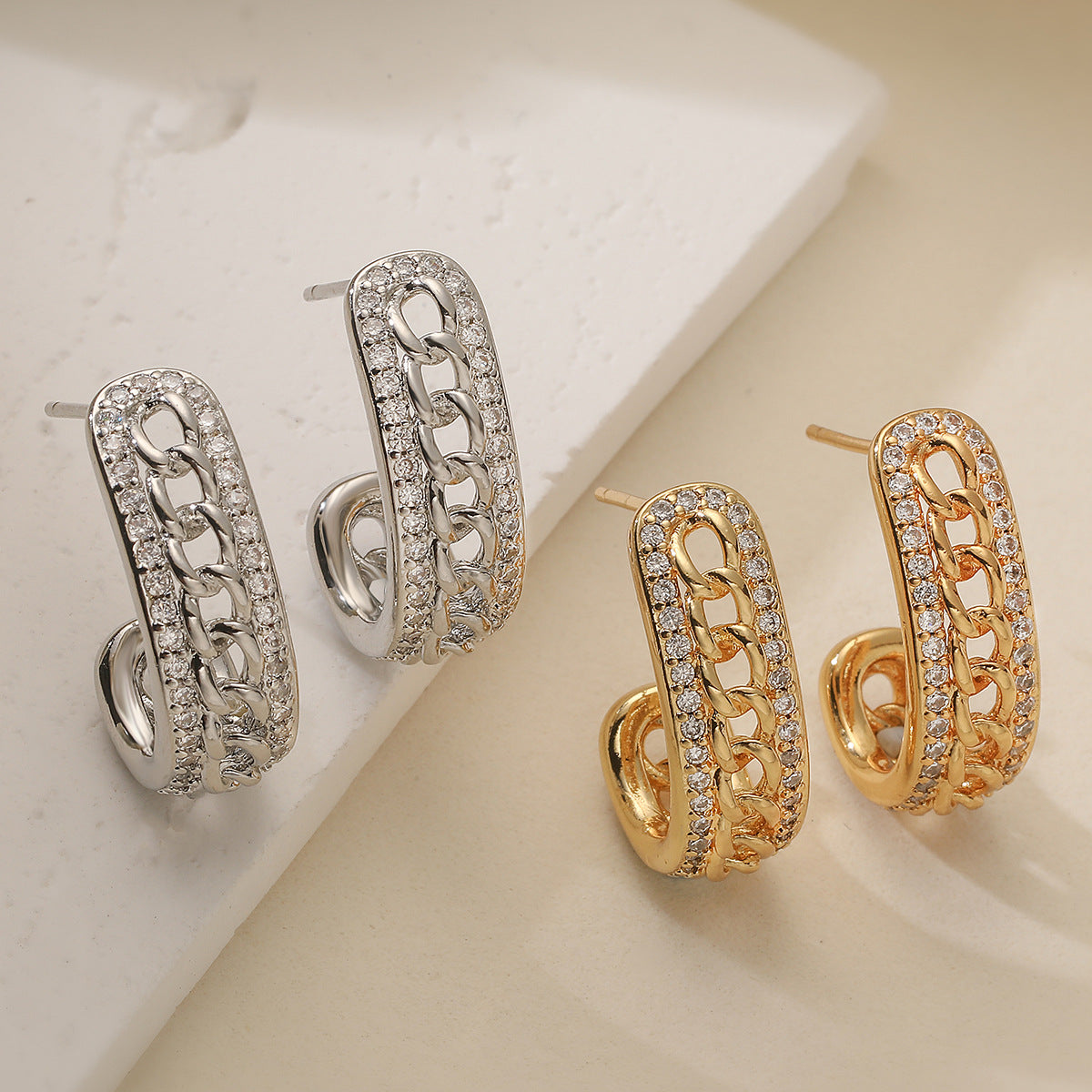 Minimalist Elegant Geometric Brass Gold Plated Cubic Zirconia Earrings for Women