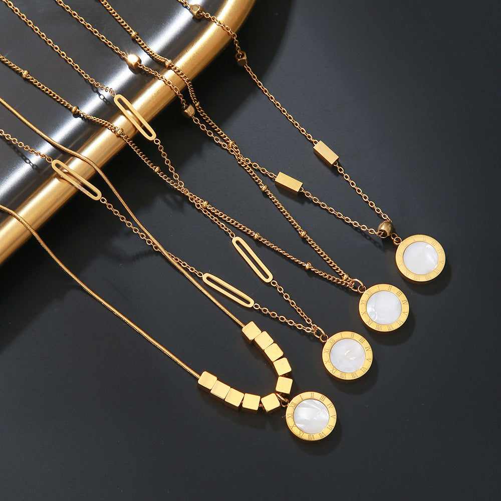Minimalist Geometric Titanium Steel Black and White Abalone Double-Sided Roman Necklace for Women with Plated Finish Snake Chain