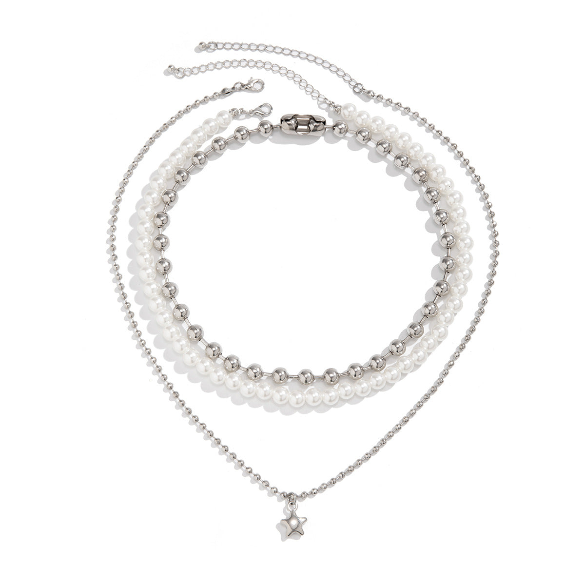 Collana creativa a forma di stella in lega con finitura placcata per donna, collana con pendente a strati in stile bohémien con perle e perline