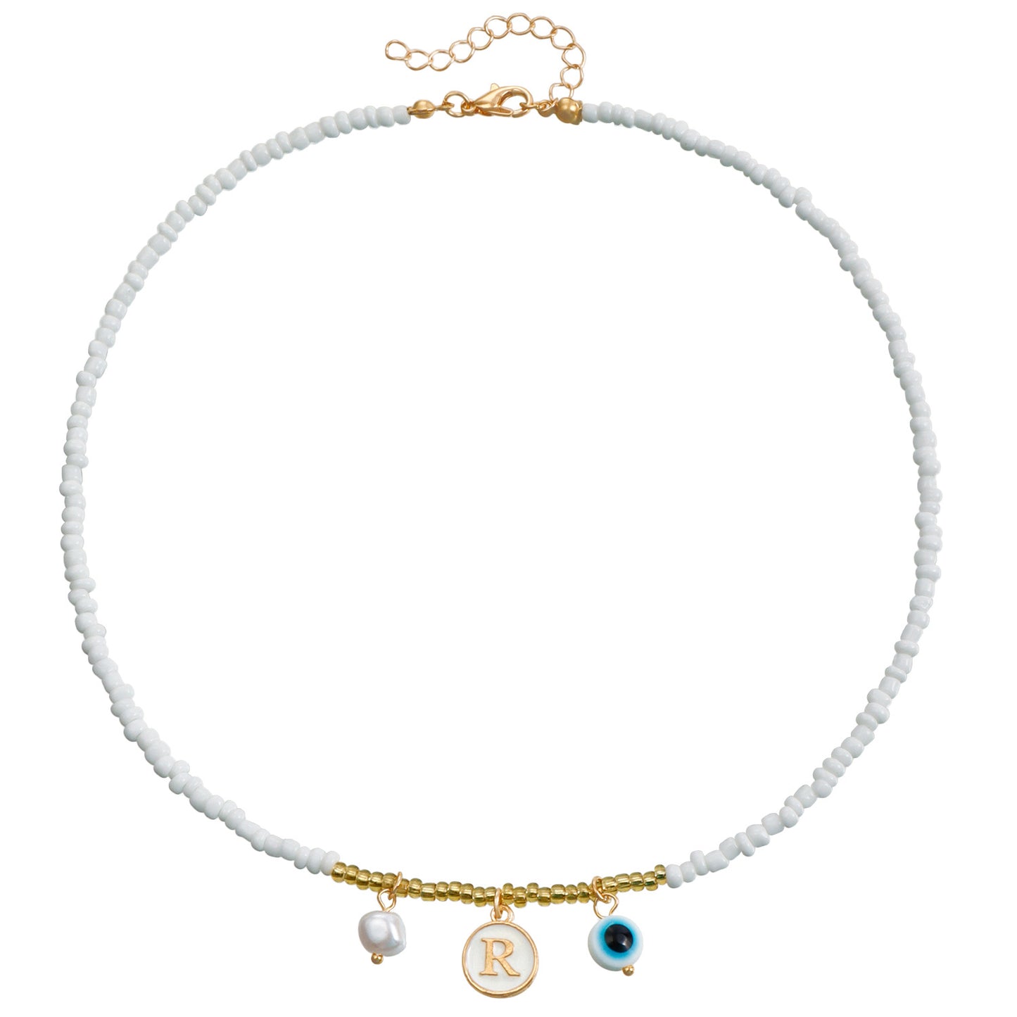 Bohemian White Beaded Necklace with Alloy Letter Eye Pendant on Clavicle Chain