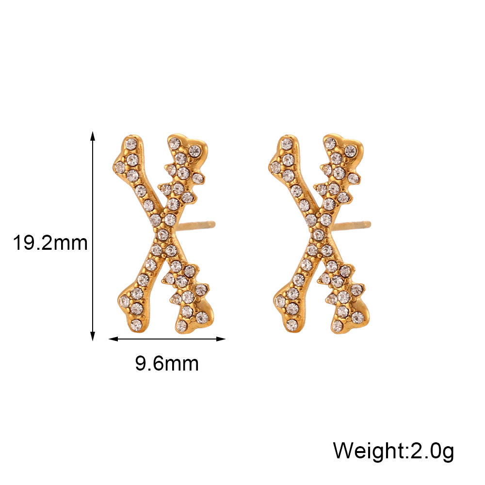 Minimalist Fashion Geometric X-Shaped Stainless Steel Hoop Earrings with Rhinestone Inlay for Women