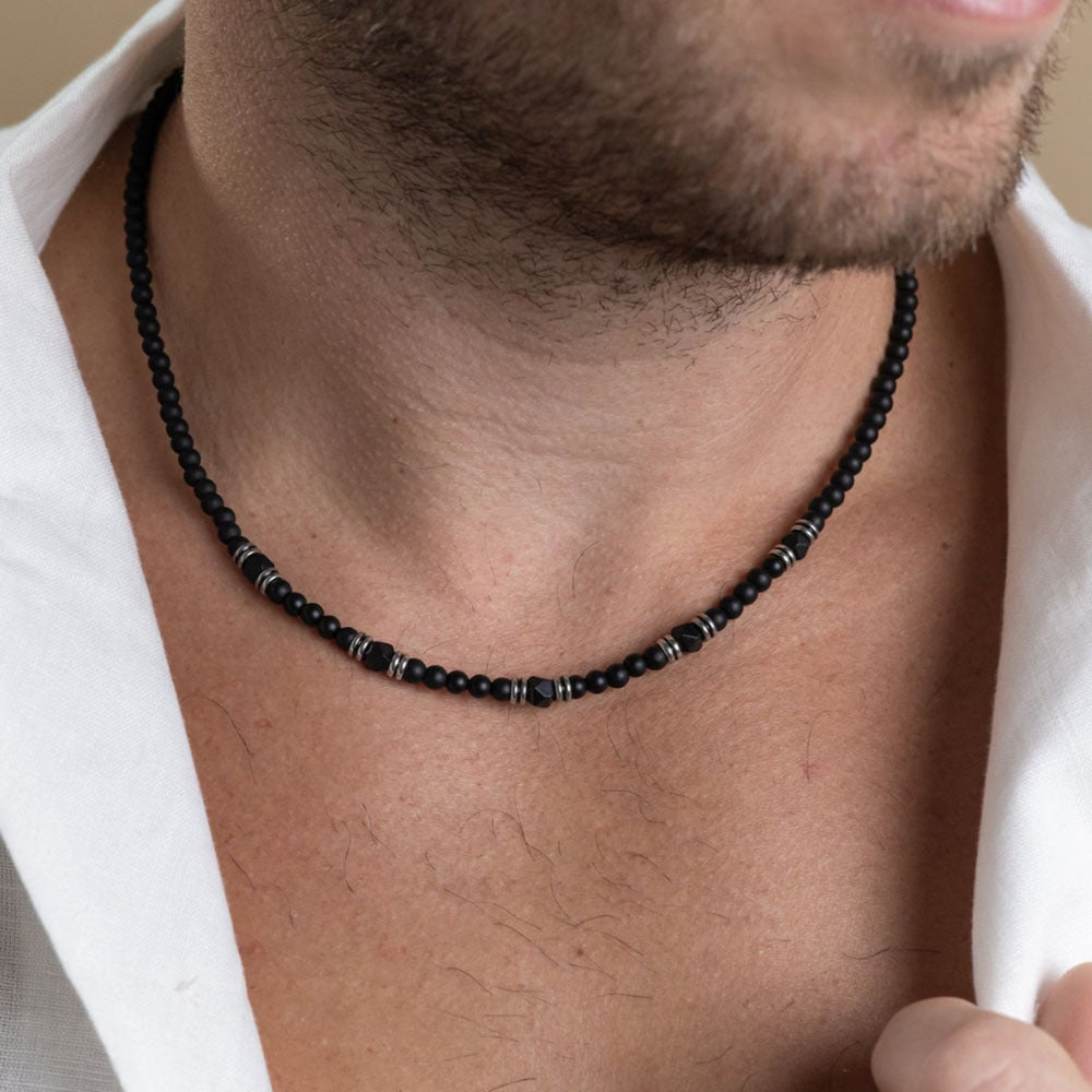 Hip-hop Punk Geometric Round Matte Stainless Steel Beaded Necklace with Alloy and Agate Pendant