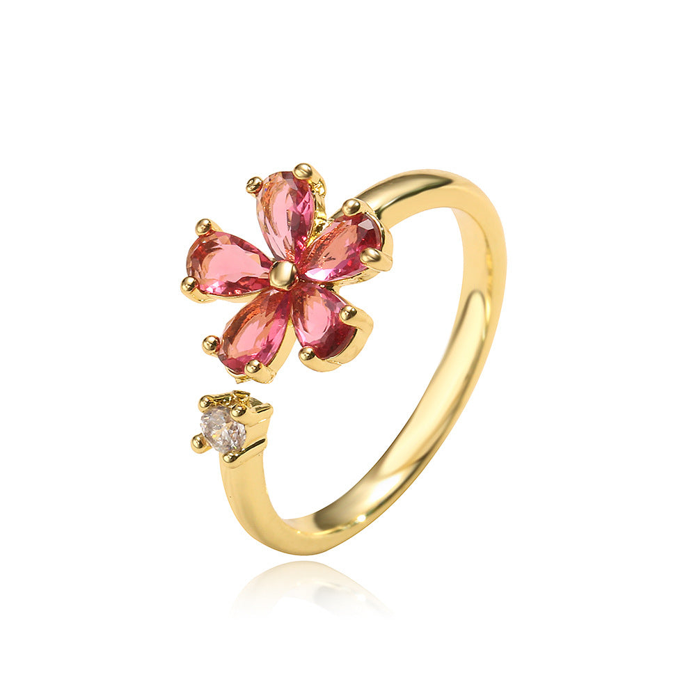Minimalist Floral Geometric Copper Ring with 18K Gold Plating and Zircon Inlay for Women