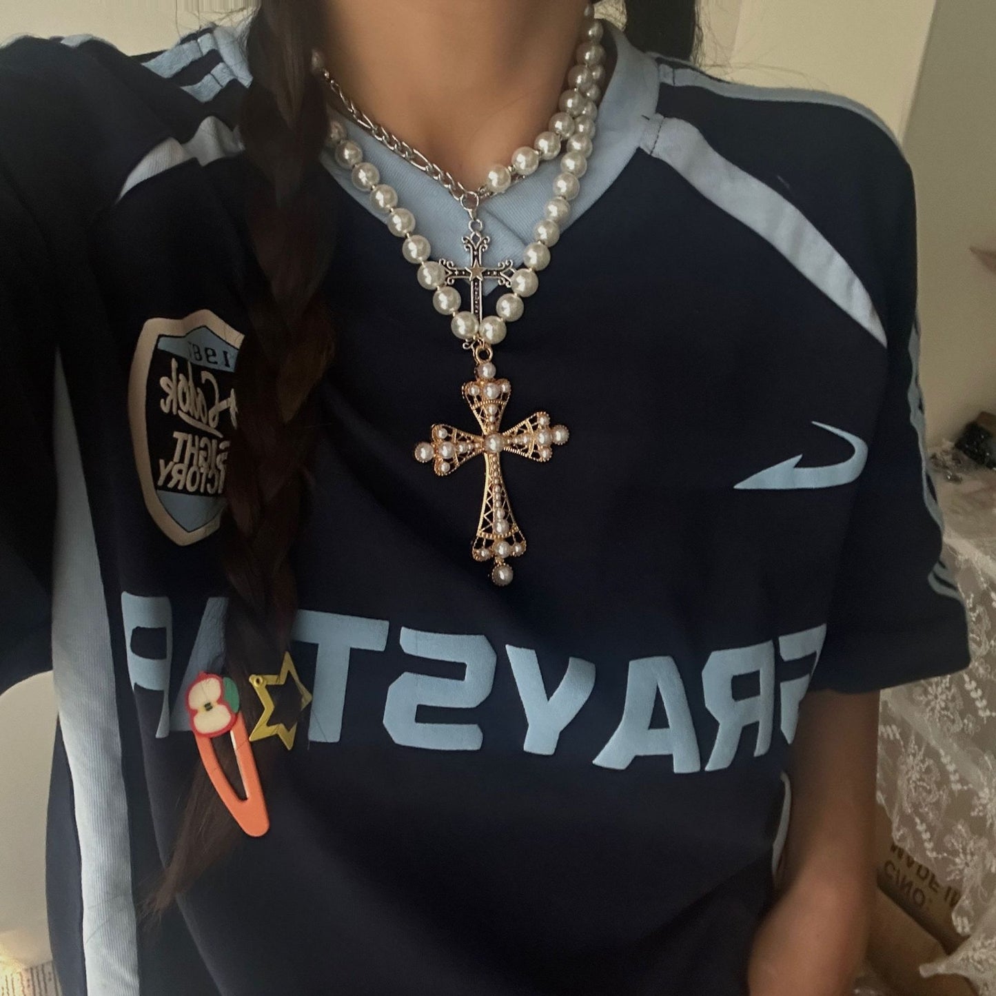 Fashion Multi-Layer Geometric Cross Rhinestone Inlay Alloy Pendant Ball Chain Necklace for Women