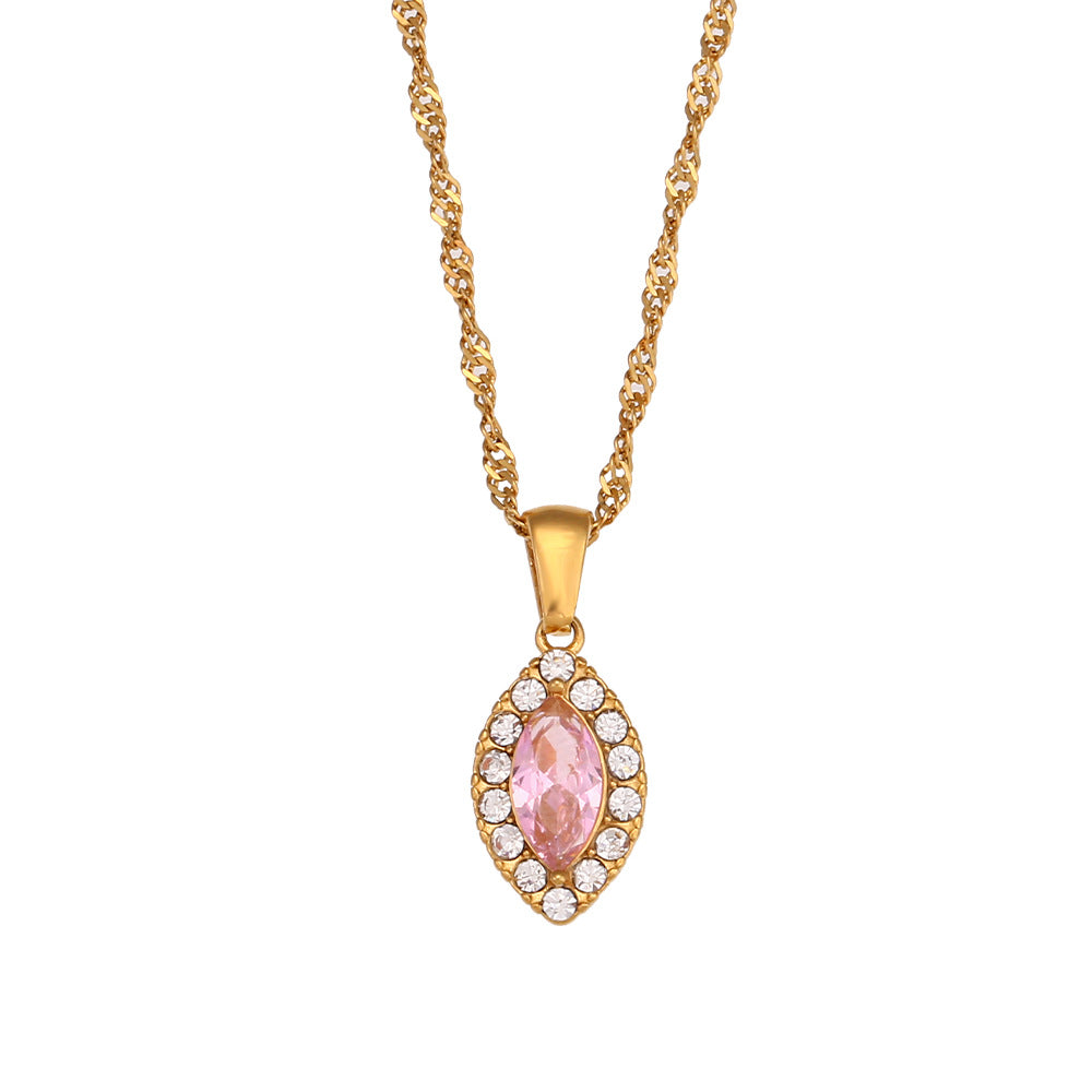 Minimalist Geometric Stainless Steel Leaf Pendant Necklace with Zircon Accents for Women