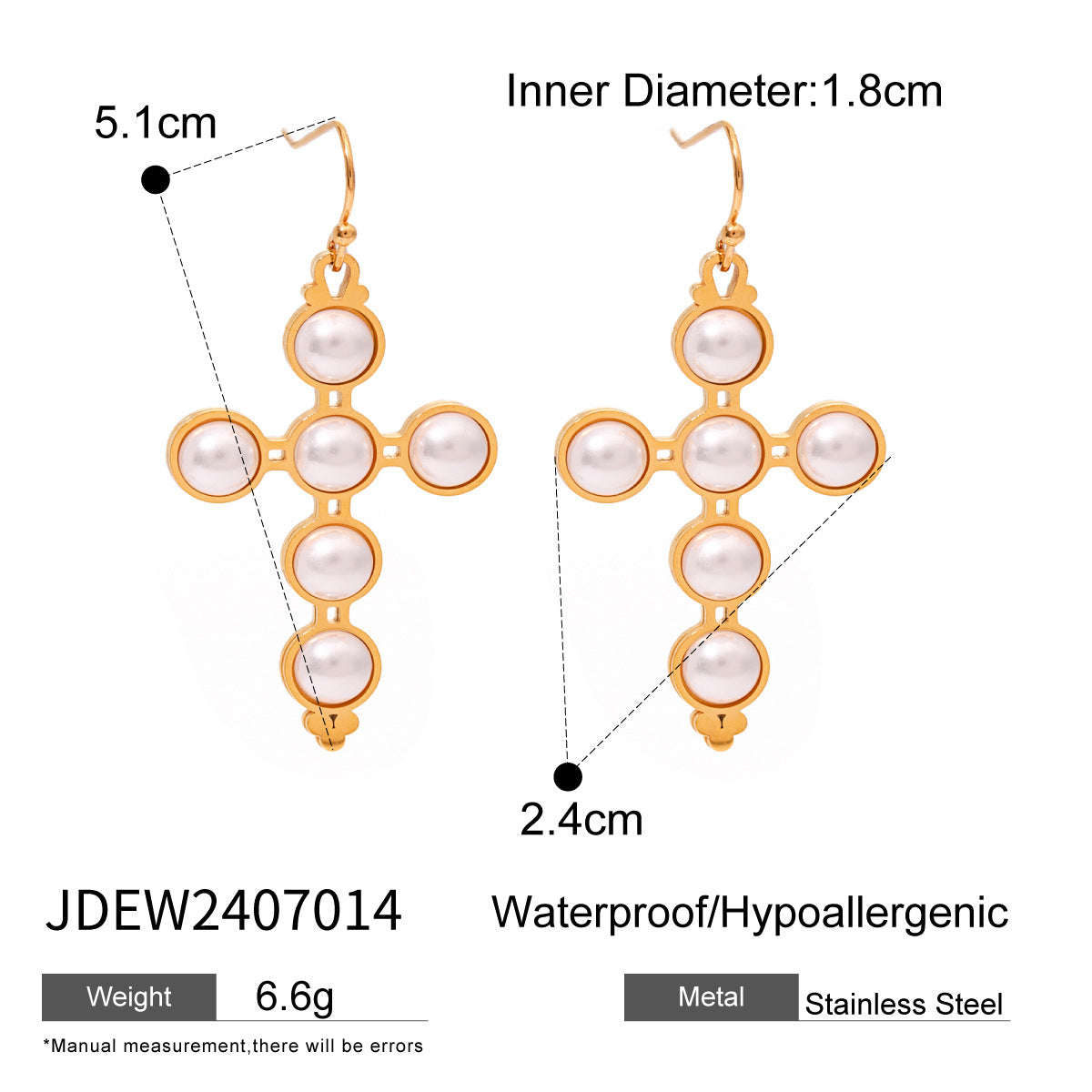 Elegant Cross Pearl Inlay Plated Stainless Steel Earrings for Women