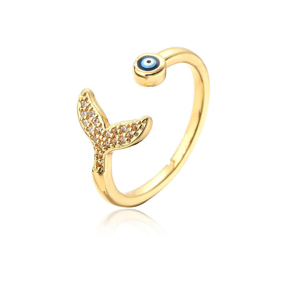 Anello Geometrico a Occhio Aperto da Donna in Rame con Placcatura in Oro 18K e Finitura Smaltata con Intarsio in Zirconi