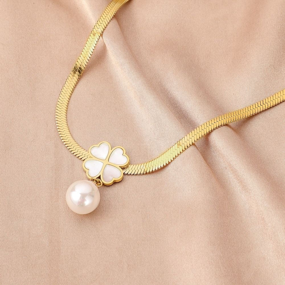 Minimalist Clover-Shaped Titanium Steel Necklace with Pearl Pendant for Women